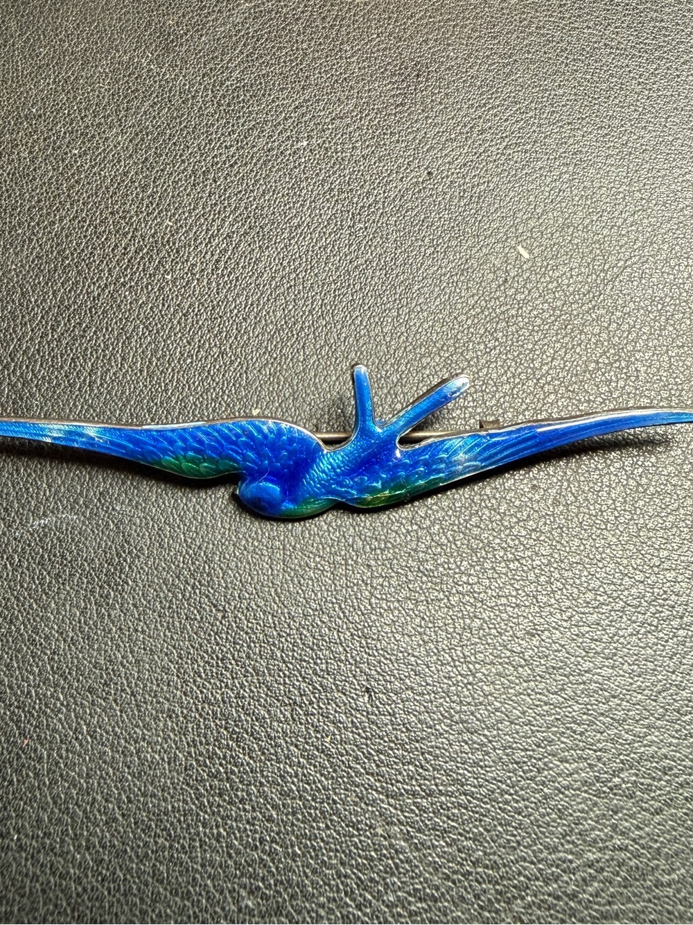 Antique Art Nouveau Sterling Swallow Bluebird Guilloche Enamel Pin Brooch 3 1/8"
